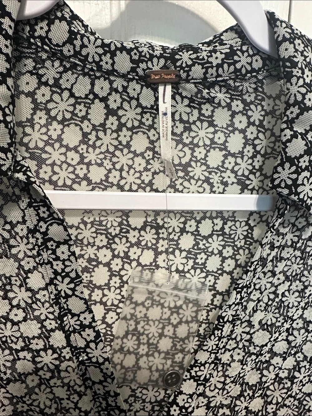 Free People Lucky Black and White Floral Ruched Button-Front Shirtee